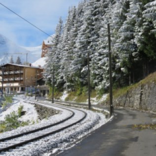 The path, and the tracks, approach Mürren.